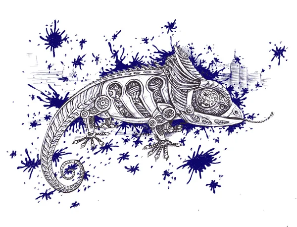 Dibujo creativo de un reptil mecánico ilustración dibujada a mano — Archivo Imágenes Vectoriales