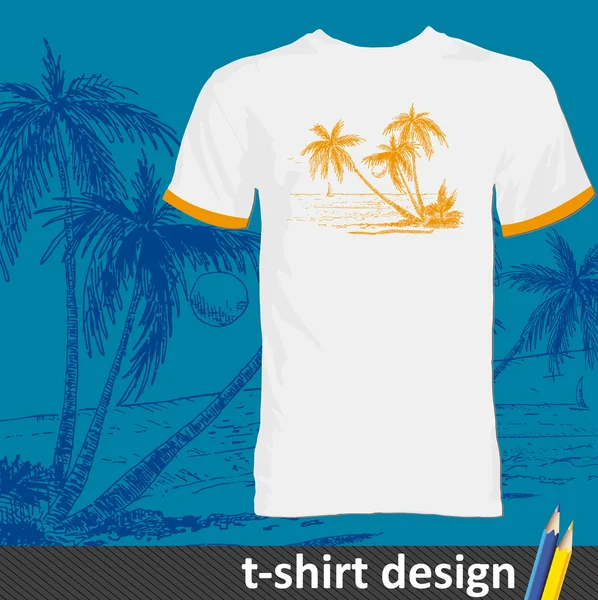 Κομψό σχεδιασμό t-shirt με χέρι διελκυνθεί καλοκαίρι νησί — Διανυσματικό Αρχείο