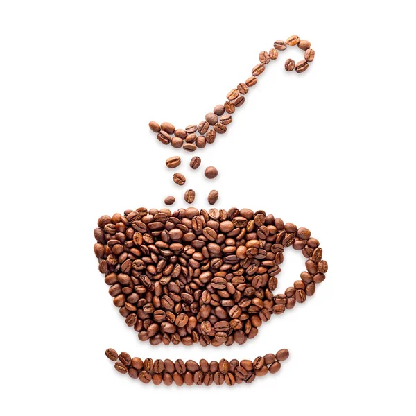 Šálek kávy s lžičkou a podšálkem ve tvaru fazolí — Stock fotografie