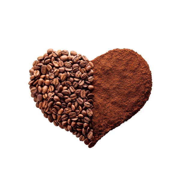 Кофе сердце форме порошок и бобы — стоковое фото