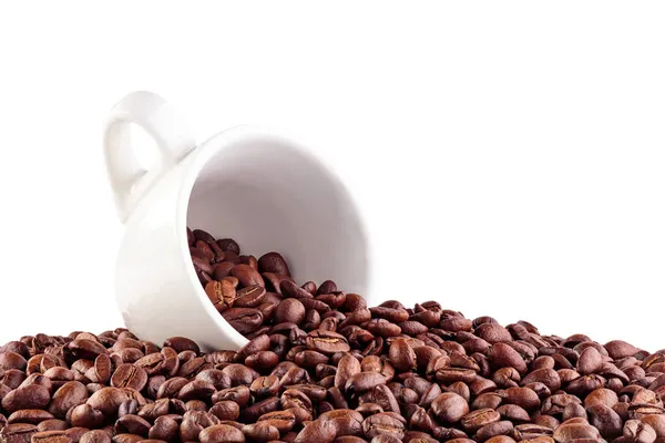Witte beker met koffiebonen — Stockfoto