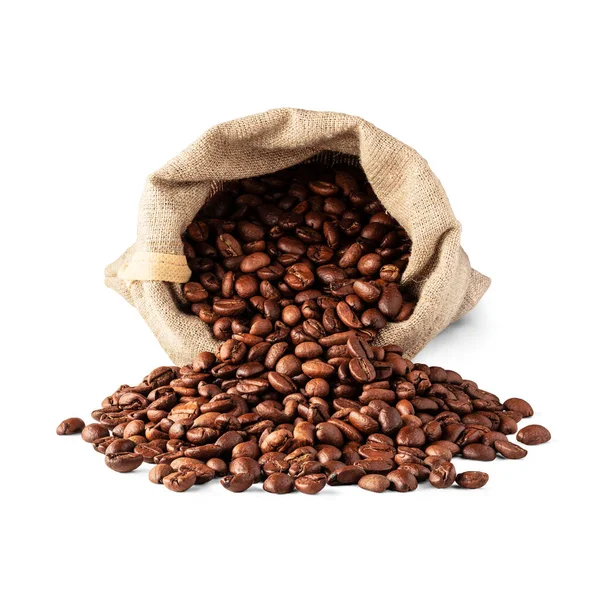 Burlap Pytel Kávovými Zrny Dřevěné Kopečky Izolované Bílém Pozadí — Stock fotografie