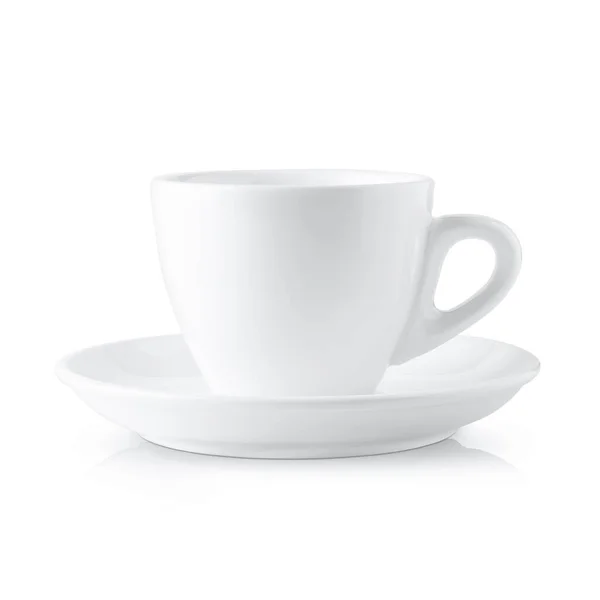 Біла Чашка Кави Тарілкою Ізольована Білому Фоні — стокове фото