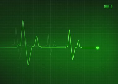 Pil simgesiyle yeşil renkli elektrokardiyogram çizimi.