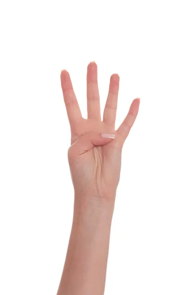 Female hand gesturing four — Stock Photo, Image