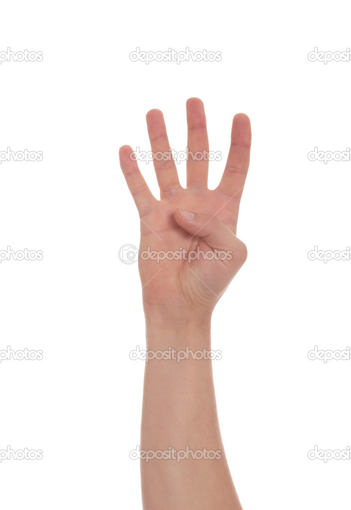 Male hand gesturing four