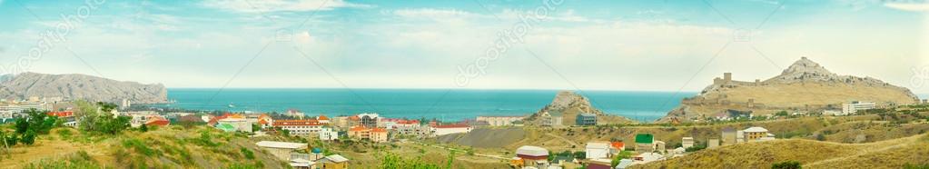 Panoramic view of Ukrainian city Sydak skyline at summer sunny day