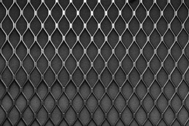 Eşkenar dörtgen geometrik desenli metal şebeke, arka plan. Siyah metalik modern arkaplan