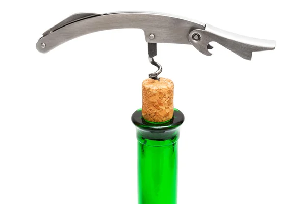 Corkscrew, cork and bottle — Stock Photo, Image