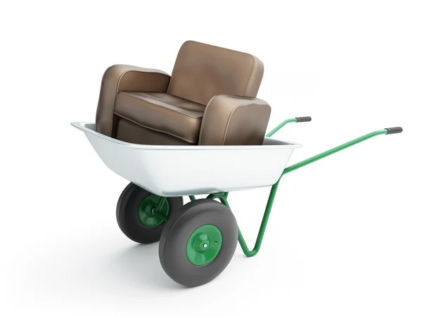 Wheelbarrow with leather armchair — Stock Photo, Image