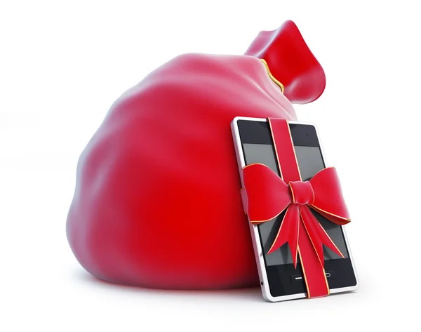 Weihnachtsmanntasche, Geschenktelefon — Stockfoto