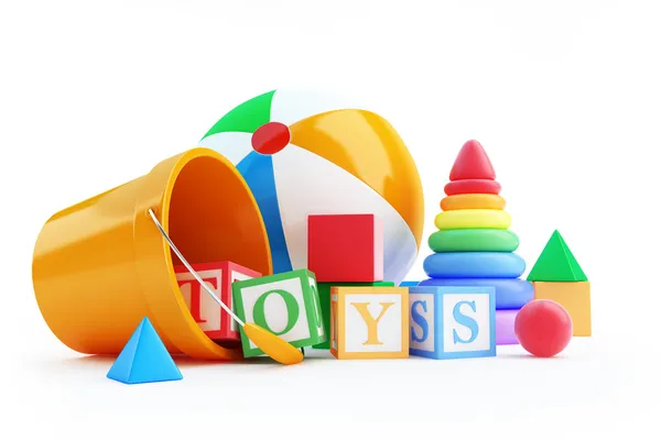 Jouets alphabet cube, ballon de plage, pyramide — Photo