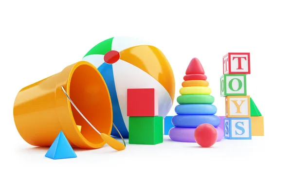 Jouets alphabet cube, ballon de plage, pyramide — Photo