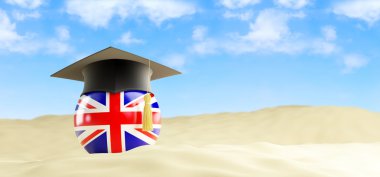 English language on holiday, graduation cap at the beach clipart