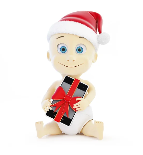 Kind mit Weihnachtsmütze, Geschenktelefon auf weißem Hintergrund — Stockfoto