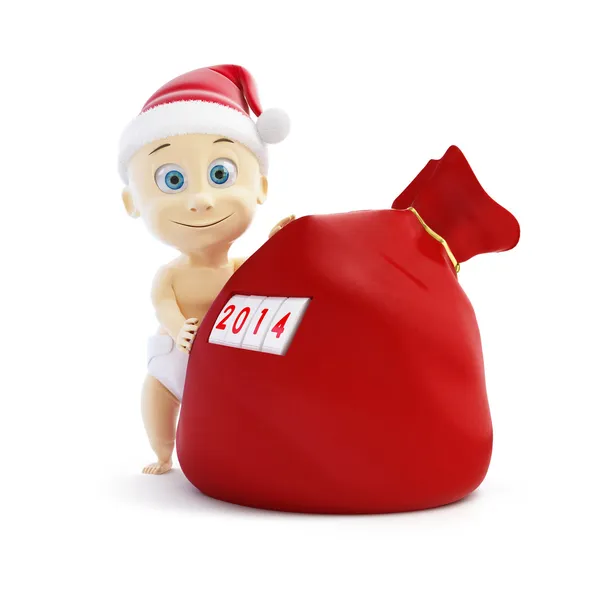 Bambino piccolo in un berretto Babbo Natale, sacco di Babbo Natale — Foto Stock