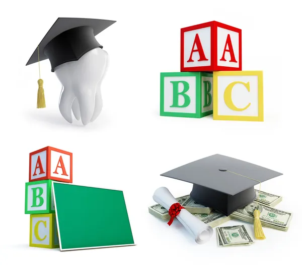 School set, graduation cap tooth on a white background — Stock Photo, Image