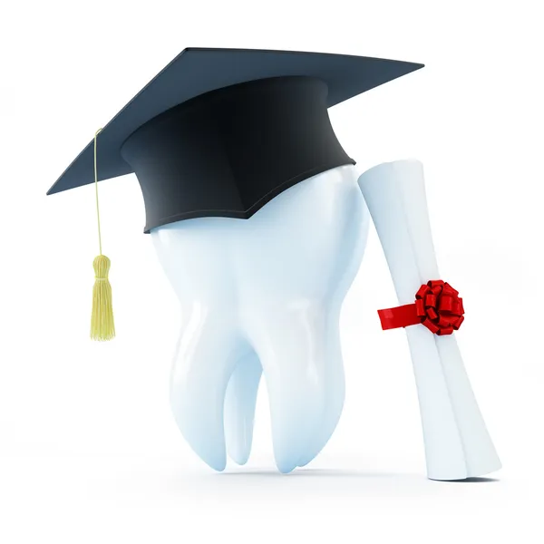 Graduación tapa diente diploma dentista sobre un fondo blanco — Foto de Stock