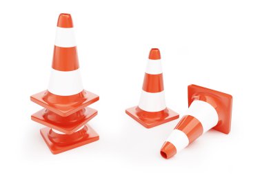 trafik konileri, beyaz bir arka plan üzerinde yol inşaatı