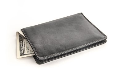 Bizi dolar üzerinde beyaz izole siyah bir cüzdan