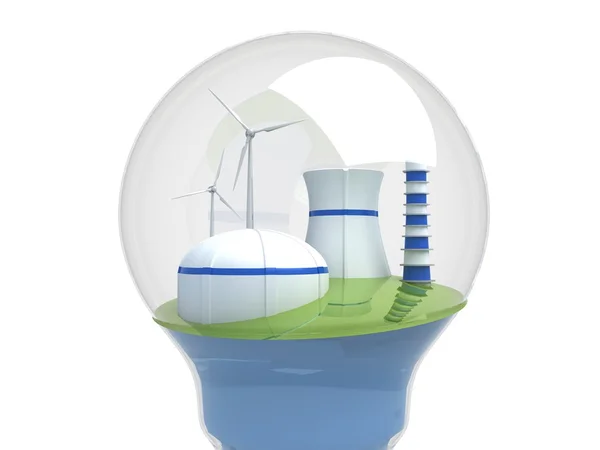 Windräder und Atomkraftwerk in der Glühbirne — Stockfoto