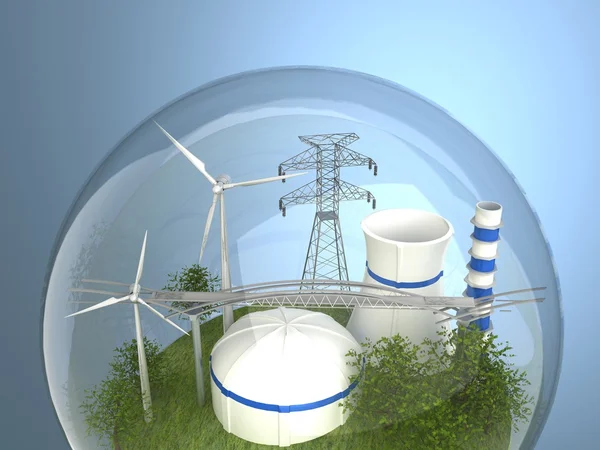 Turbinas eólicas y estación atómica en la bombilla — Foto de Stock