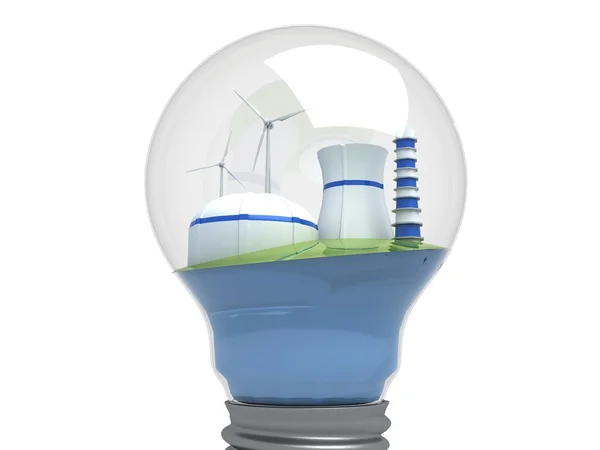 Wind turbines and atomic station in the bulb — Stock Photo, Image