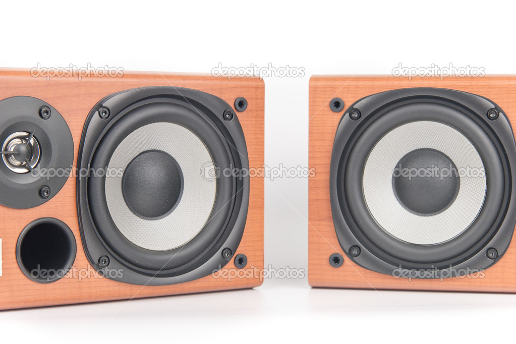 Wooden sound speakers isolated on white background