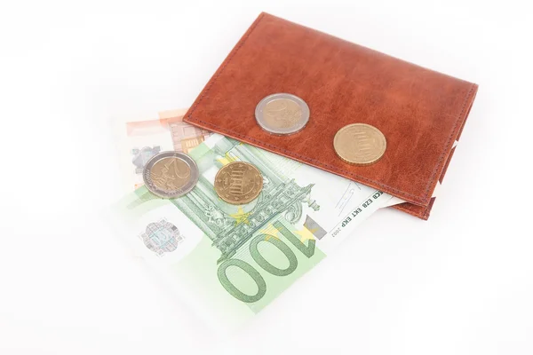 Brown wallet with EU money — Stock Photo, Image