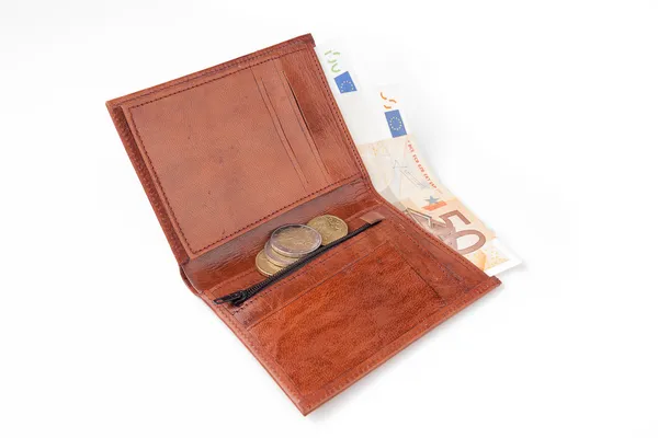 Brown wallet with EU money — Stock Photo, Image