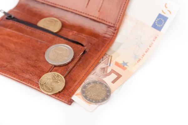 Brown wallet with EU money — Stock Photo, Image