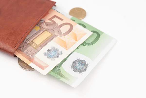 Brown wallet with EU money — Stock Photo, Image