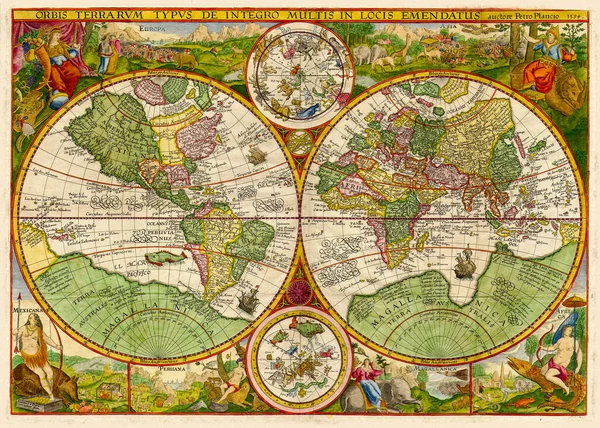 Mapa Mundo Antigo Alta Qualidade Petro Plancio 1594 — Fotografia de Stock