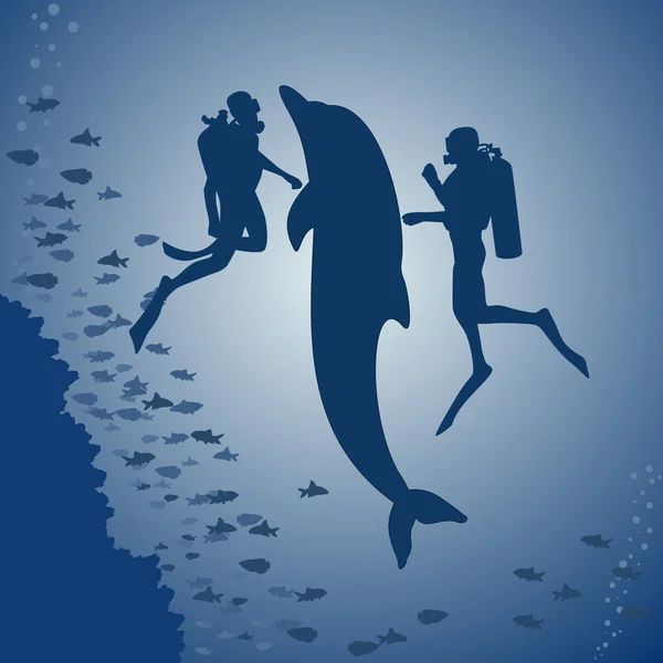 Plongeurs et un dauphin — Image vectorielle