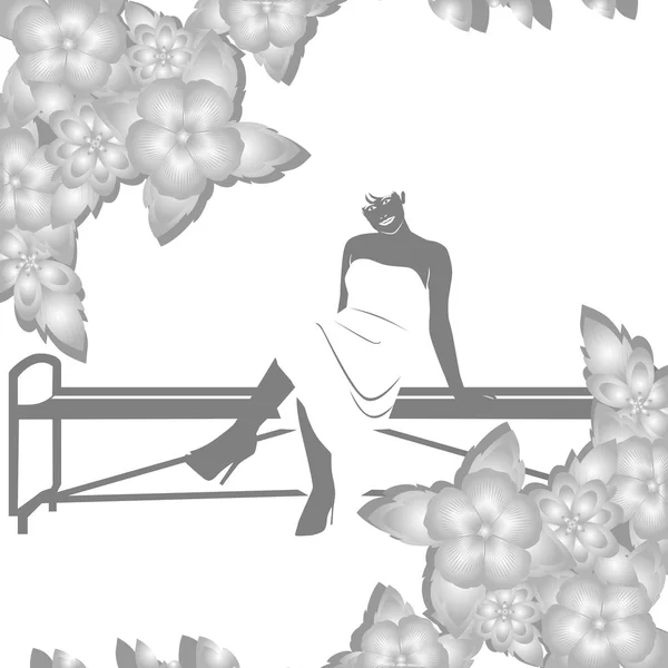 Девушка на скамейке и цветы — стоковый вектор