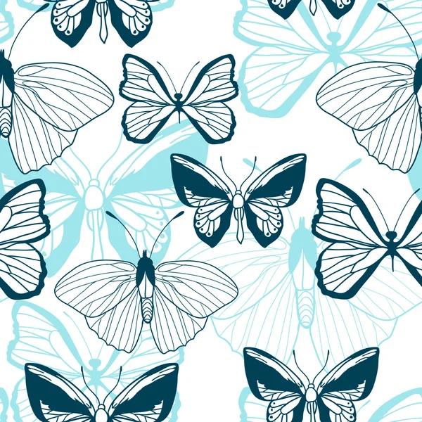 无缝模式与飞蝴蝶，手绘图。矢量插画. — 图库矢量图片