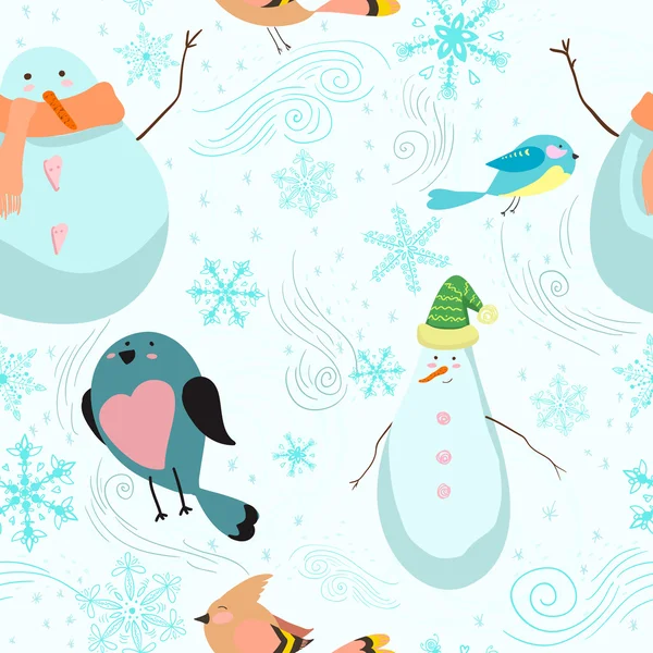 Seamless pattern with snowmen, birds, snowflakes — Stock Vector