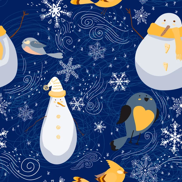 Seamless pattern with snowmen, birds, snowflakes — Stock Vector