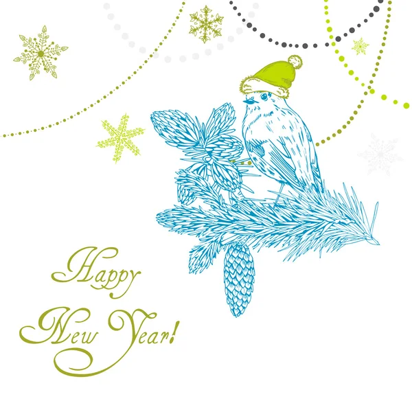 Bonne année Arrière-plan avec oiseau et perles — Image vectorielle