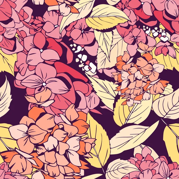 Hortensia (Hydrangea) seamless pattern, bright — Stock Vector