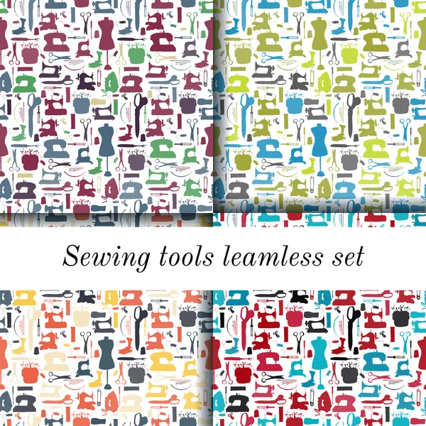 Set of four seamless sewing tools patterns — Stock Vector