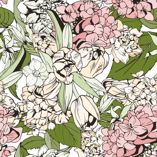Пастельный бесшовный рисунок с тюльпанами и гортензиями — стоковое фото
