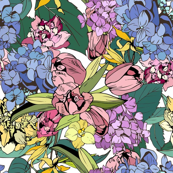 Luminosi fiori senza soluzione di continuità, illustrazione botanica — Foto Stock