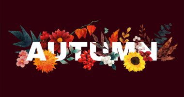 Sonbahar kompozisyonu Sonbahar harfleri ve çiçek elementleri