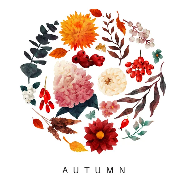 Composition florale luxuriante, éléments floraux d'automne, dessinés à la main — Image vectorielle