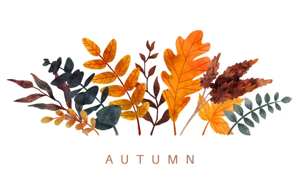 Fall leaves composition, hand drawn vector watercolor — Stock Vector