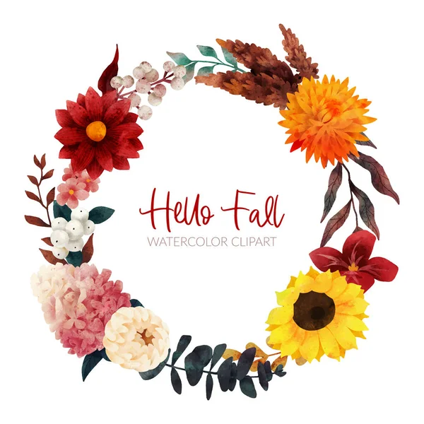 Herfst bloemenkrans, herfst bloemen en bladeren — Stockvector