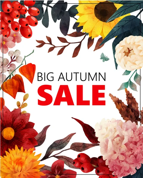 Banner de venta de otoño con elementos florales de otoño — Vector de stock