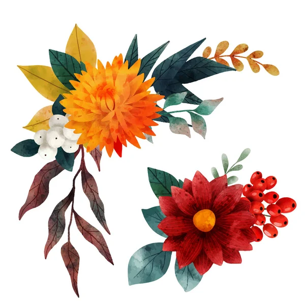 Composition florale luxuriante, éléments floraux d'automne, dessinés à la main — Image vectorielle