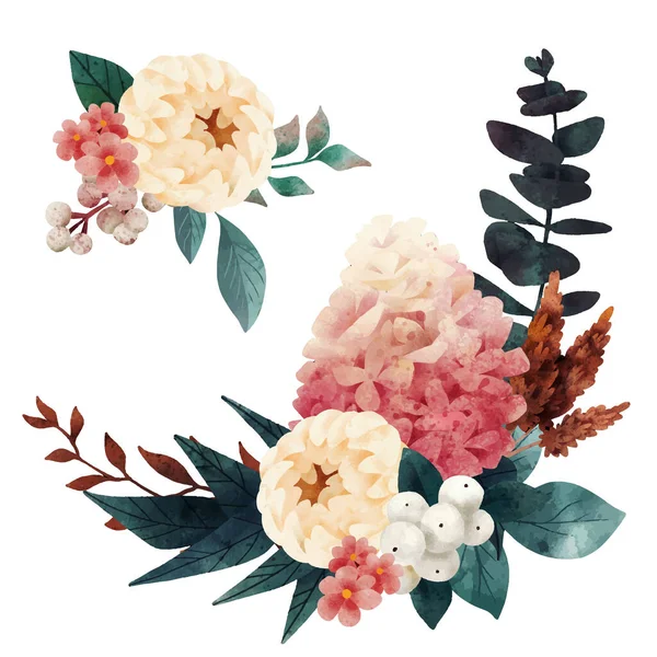 Composizione floreale lussureggiante, caduta elementi floreali, disegnato a mano — Vettoriale Stock
